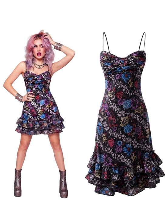 Dresses & Skirts - Betsey Johnson Vintage Y2K Silk Floral Ruffles Smocked Tulip Dress Fairy Black 2